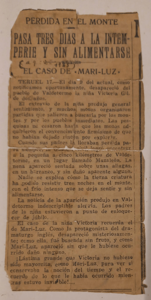 Recorte de periódico que Victoria guardó toda su vida. En él se explicaba la noticia de su desaparición. Tiene más de 100 años.
